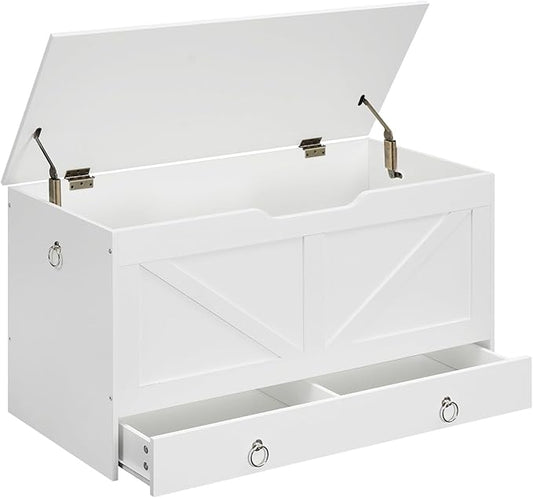 HOOBRO Storage Chest, 39.3" Toy Chest with Drawer, Wooden Storage Bench, Sturdy Entryway Bench Supports 220 lb, Shoe Bench, Safety Hinge, U-Shaped Opening, Easy Assembly, White WT710CW01G1