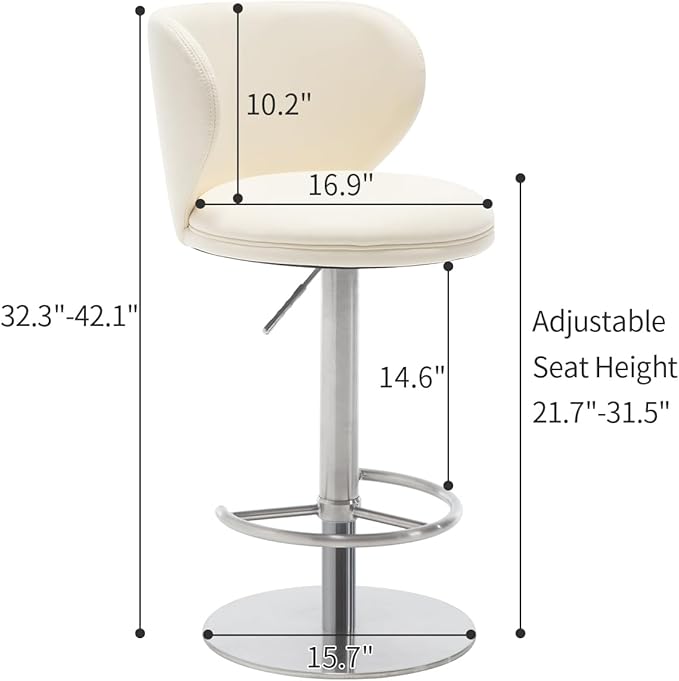 Stainless Steel Bar Stools,Grade Modern Leather Bar Chair with Backrest,Swivel Adjustable Height for Kitchen Counter and Dining Room (White Leather-1pc)