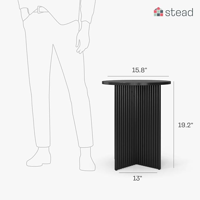 Fluted Round Side Table - 16-in Round Top, Blackened Oak & Solid Wood X-Base - End Table for Living Room & Nightstand - Pedestal Base