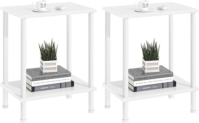 End Table,Small Side Table,2-Tier Nightstand with Storage Shelf,Sofa Bedside Table for Small Spaces in Living Room,Bedroom, Office,Stable Frame,Easy Assembly,White