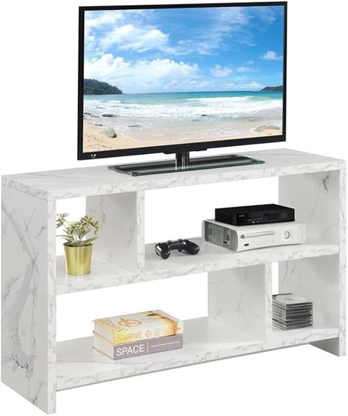 Convenience Concepts Northfield TV Stand Console with Shelves, White Faux Marble