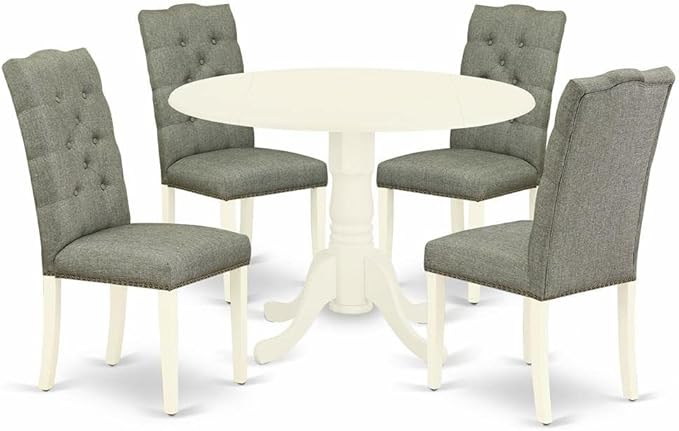 East West Furniture DLEL5-WHI-07 5 Piece Dining Room Table Set Includes a Round Dining Table with Dropleaf and 4 Gray Linen Fabric Upholstered Parson Chairs, 42x42 Inch, Linen White