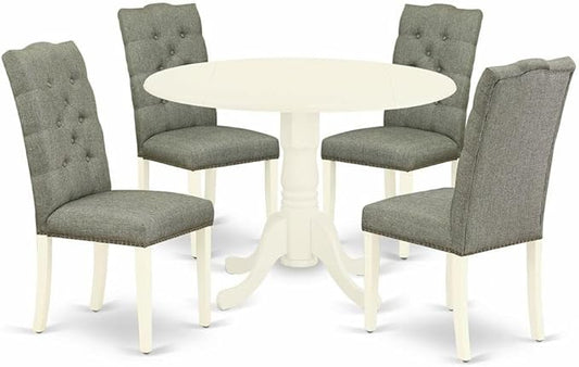 East West Furniture DLEL5-WHI-07 5 Piece Dining Room Table Set Includes a Round Dining Table with Dropleaf and 4 Gray Linen Fabric Upholstered Parson Chairs, 42x42 Inch, Linen White