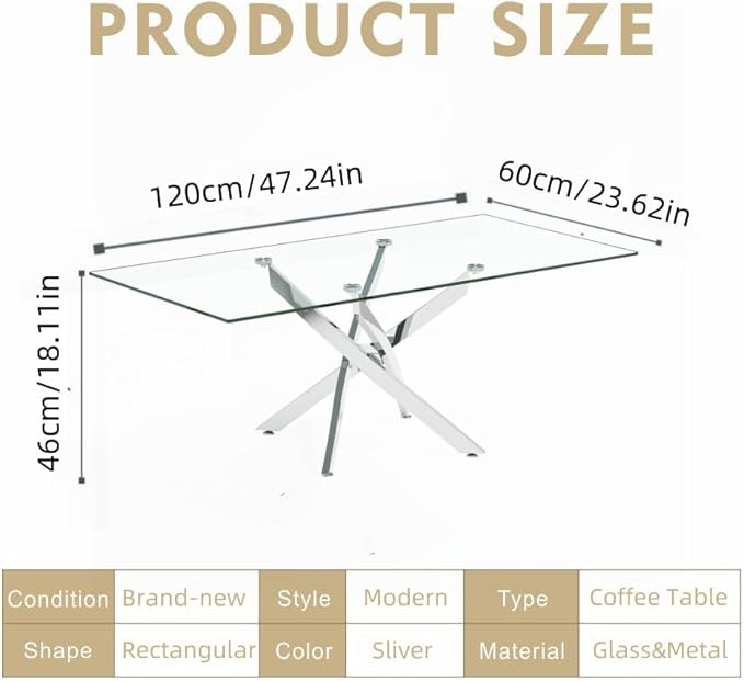 Tempered Glass Coffee Table with Chromed Legs, Rectangle Modern Living Room Table for Home Office Living Room (Sliver, 47.3”x23.6”x18”)