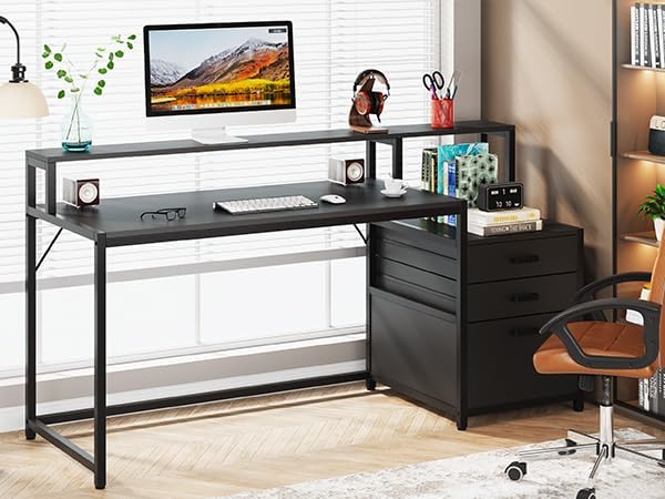 Tribesigns 63 Inch Computer Desk with File Drawer Cabinet, Ergonomic Office Desk with Monitor Stand, Industrial Computer Table with Printer Space, Wood PC Table Workstation Desks for Home Office