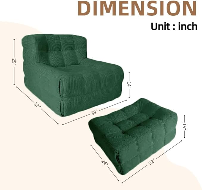 Bean Bag Chair - Memory Foam Bean Bag Chair for Adults, Comfy High-Resilience Single Sofa, Small Space Floor Chair, Chaise Lounge for Living Room, Bedroom (Dark Green, Square+Ottoman)