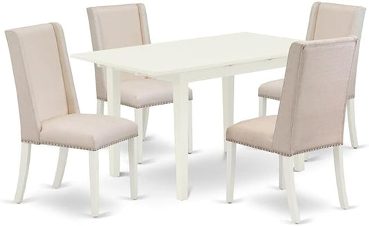 East West Furniture NOFL5-LWH-01 5 Piece Modern Dining Table Set Includes a Rectangle Wooden Table with Butterfly Leaf and 4 Cream Linen Fabric Upholstered Chairs, 32x54 Inch, Linen White