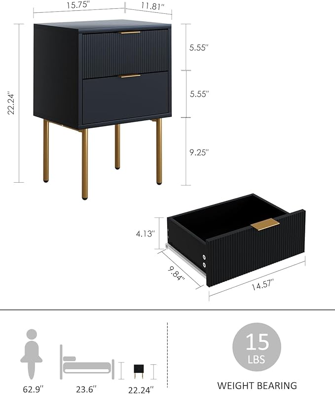 Nightstand,Small Bedside Table with Gold Frame,Morden Night Stand with 2 Drawer,End Table,Side Table with Drawer and Shelf for Bedroom,Living Room, Black