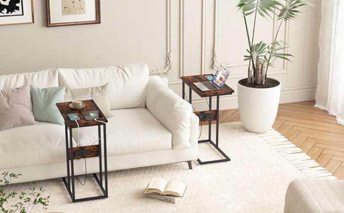 VECELO C Shaped End Side Table with Charging Station & Power Outlets for Couch Sofa/Bed Snack TV Tray with Metal Frame for Living Room Bedroom 1 Set, Brown