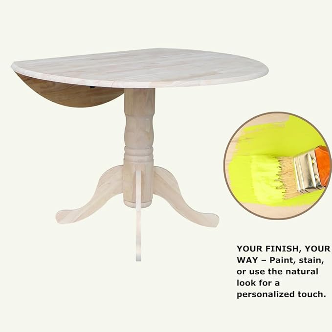 IC International Concepts, Round Dual Drop Leaf Pedestal Dining Table, Solid Real Wood, Sturdy Parawood, Dimensions 42"D x 42"W x 29.5"H, 40lbs Capacity, Paint/Stain Ready, Unfinished