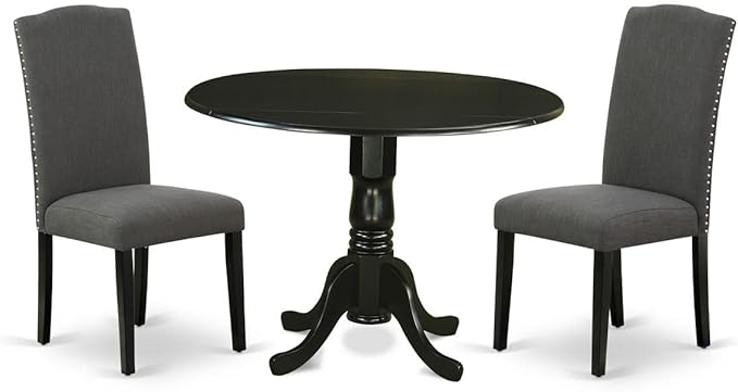 East West Furniture DLEN3-BLK-20 3 Piece Modern Dining Table Set Contains a Round Wooden Table with Dropleaf and 2 Dark Gotham Linen Fabric Upholstered Chairs, 42x42 Inch, Black