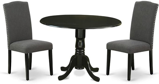 East West Furniture DLEN3-BLK-20 3 Piece Modern Dining Table Set Contains a Round Wooden Table with Dropleaf and 2 Dark Gotham Linen Fabric Upholstered Chairs, 42x42 Inch, Black