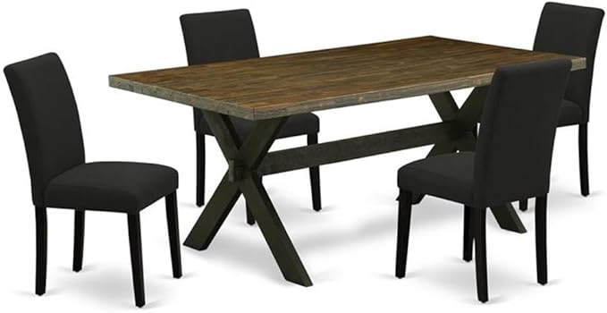 East West Furniture X677AB624-5 5 Piece Dining Set Includes a Rectangle Dining Room Table with X-Legs and 4 Black Color Linen Fabric Upholstered Parson Chairs, 40x72 Inch, Multi-Color