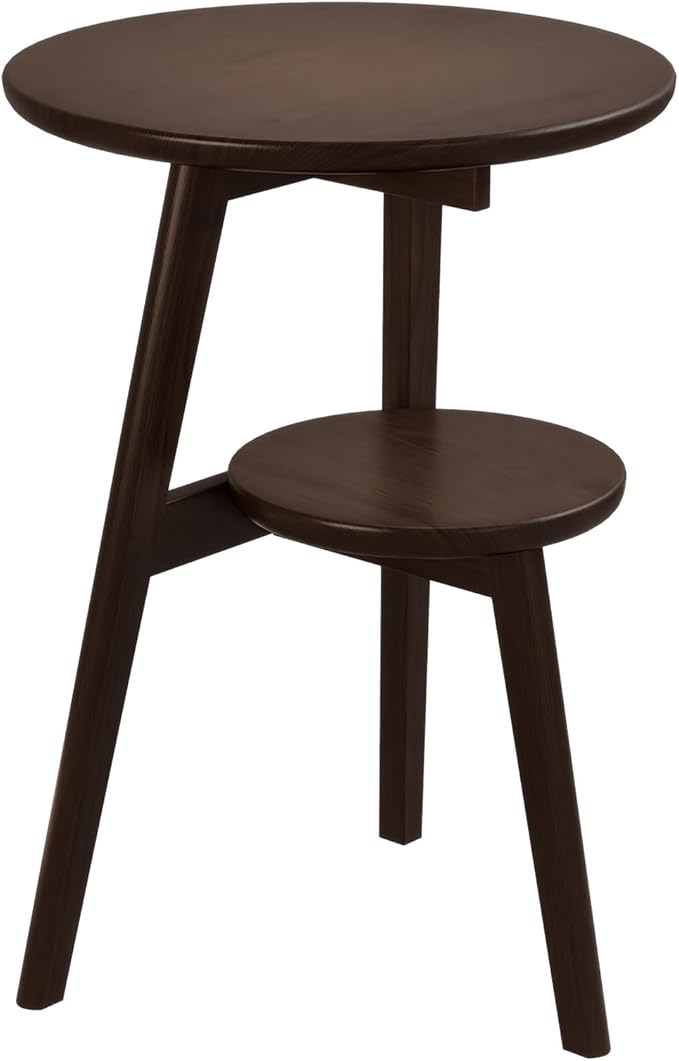 Small End Table Round End Table,Solid Wood Round Side Table with Lower Shelf，Nightstand for Small Spaces,Living Room,Bedroom(Deep Walnut)