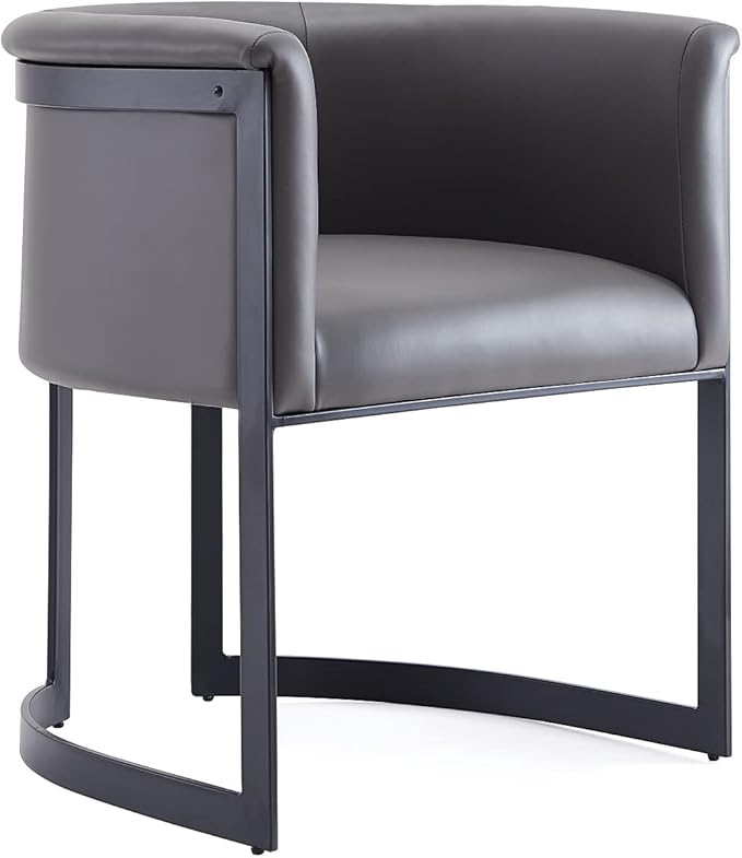 Manhattan Comfort Corso Faux Leather Upholstered Dining Chair, Barrel-Style Foam Padded Seat, Unique Geometric Metal Frame, Fully Assembled Accent Furniture, Grey