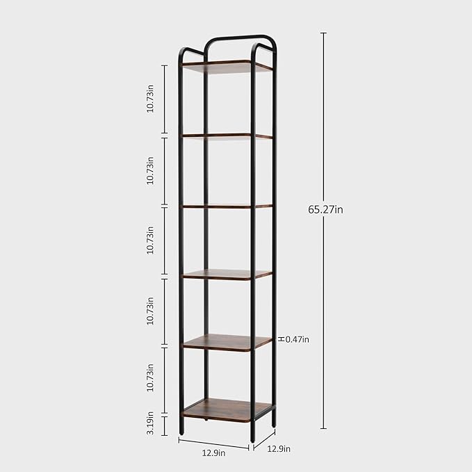 5 Tier Bookshelf, Bookcase with 5 Shelves, Storage Rack Organizer, Corner Wood Storage Shelf with Metal Frame for Bedroom, Living Room (Rustic Brown, 6 Tier)