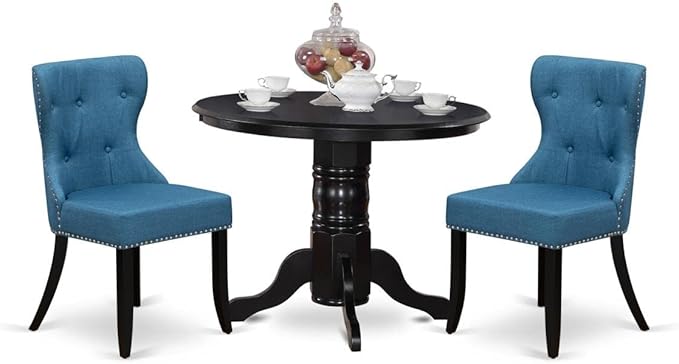 East West Furniture SHSI3-BLK-21 3 Piece Kitchen Table Set for Small Spaces Contains a Round Dining Table with Pedestal and 2 Blue Linen Fabric Parson Chairs, 42x42 Inch, Black