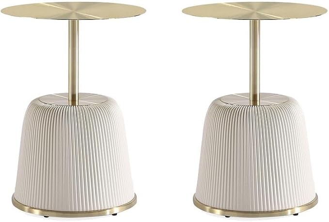 Manhattan Comfort Anderson Modern 15.75" Round End Tables 1.0 - Elegant Leatherette Upholstered Base with Pleated Design & Gold Steel Tabletop, Fully Assembled Accent Furniture, Set of 2, Cream