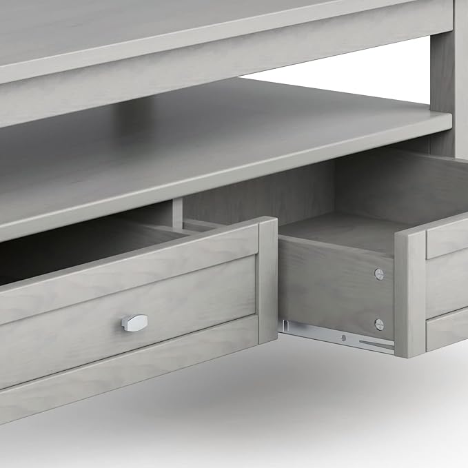 SIMPLIHOME Warm Shaker Coffee Table - 48 inch Wide Solid Wood Cocktail Table in Fog Grey, Transitional Living Room Table with 2 Storage Drawers and Open Shelf for Sitting Area or Lounge