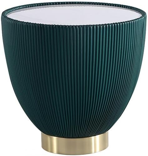 Manhattan Comfort Anderson Modern 18" Round End Table 2.0 | Ceramic Marble Tabletop, Elegant Pleated Leatherette Design & Gold Stainless Steel Base, Fully Assembled Accent Furniture, Set of 1, Green