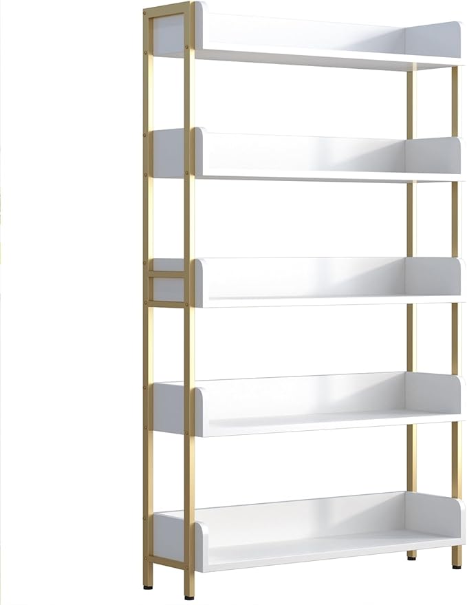 Wide Open Shelf Bookcase - Modern 5-Tier Floor Standing Display Bookshelf with Top Edge for Home and Office, Storage Shelving in Warm White with Gold Frame