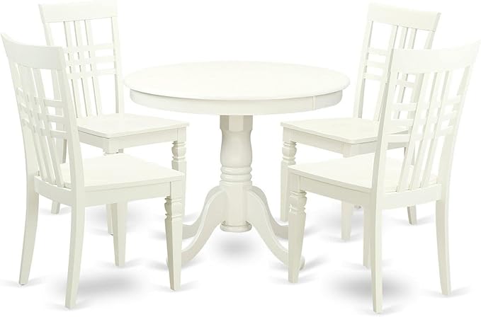 East West Furniture ANLG5-LWH-W 5 Piece Dining Table Set for 4 Includes a Round Kitchen Table with Pedestal and 4 Kitchen Dining Chairs, 36x36 Inch, Linen White