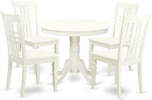 East West Furniture ANLG5-LWH-W 5 Piece Dining Table Set for 4 Includes a Round Kitchen Table with Pedestal and 4 Kitchen Dining Chairs, 36x36 Inch, Linen White