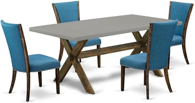 East West Furniture X797VE721-5 5 Piece Dining Table Set Includes a Rectangle Dining Room Table with X-Legs and 4 Blue Color Linen Fabric Parsons Chairs, 40x72 Inch, Multi-Color