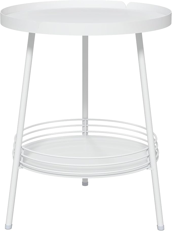 Benkyo 2 Tier White Metal Round Side Table Tiered Two Shelf Storage Coffee Sofa End Table for Living Room and Bedroom,White