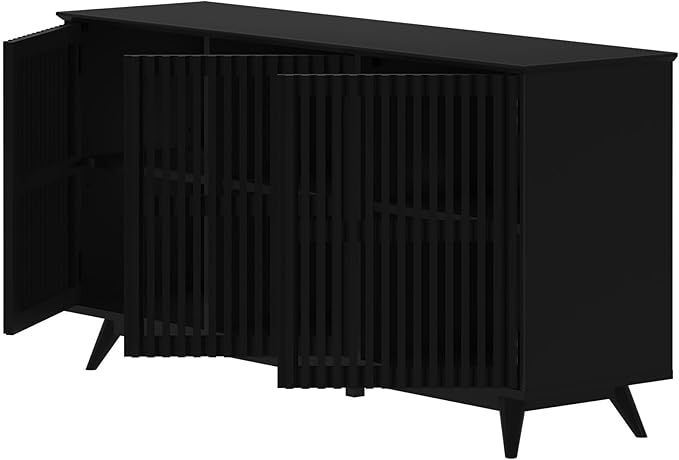 Plank+Beam Mid-Century Modern Wood TV Stand, Three Door Solid Wood Entertainment Console with Storage, 59" L x 16" W x 30" H, Black