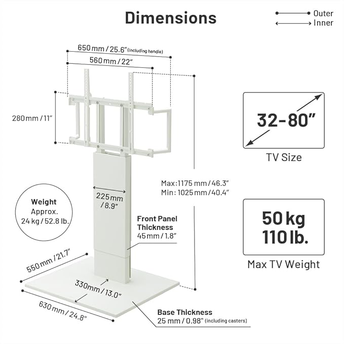 WALL V5 Low Type | Minimalist Rolling TV Stand for 32–80 Inch | Satin White | Portable, Space Saving, Height Adjustable, No Drill | for Living Room and Bedroom | Japan-Engineered Design