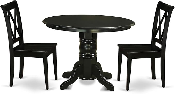 East West Furniture SHCL3-BLK-W 3 Piece Dining Table Set for Small Spaces Contains a Round Kitchen Table with Pedestal and 2 Dining Room Chairs, 42x42 Inch, Black