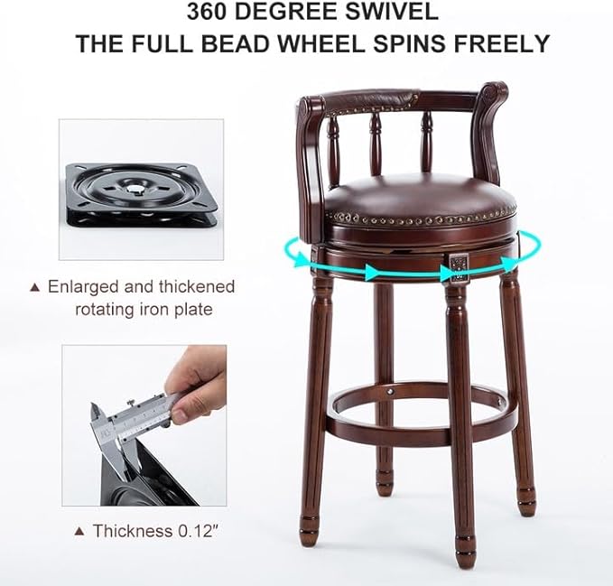 Cow top Leather Wooden Bar Stools, 360 Degree Swivel Bar Height Chair with Backs for Home Kitchen Counter, Morden Chair Barstools (Brown 2pcs, Bar Height-Seat Height 29.5”)