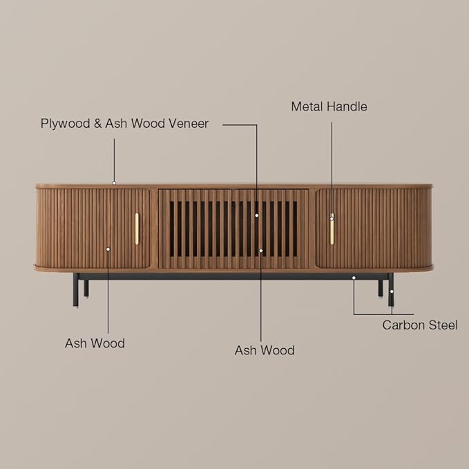 POVISON Sliding Tambour Door TV Stand with LED Lights, Mid Century Modern TV Console, Wood Media Console, Entertainment Center with Storage Cabinet, Fully-Assembled (Walnut, 78.74")