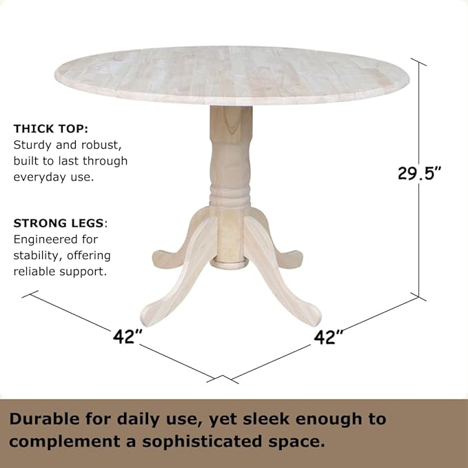IC International Concepts, Round Dual Drop Leaf Pedestal Dining Table, Solid Real Wood, Sturdy Parawood, Dimensions 42"D x 42"W x 29.5"H, 40lbs Capacity, Paint/Stain Ready, Unfinished
