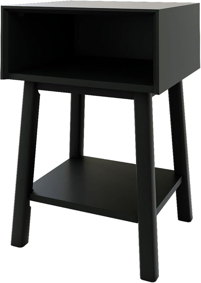Plank+Beam Wooden Side Table with Cubby Storage Shelf, Mid Century Modern End Tables for Living Room, Small Solid Wood Nightstand, Bedside Tables, Bedroom Furniture, Black