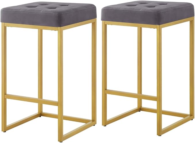 24KF Contemporary Counter Height Bar Stool Set of 2 for Kitchen Island, 26" H Velvet Padded Gold Barstool Bar Chair,5066-Dark Gray