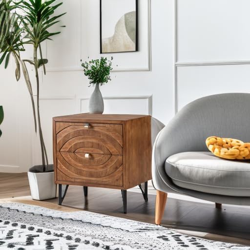 COSIEST Vintage Nightstand with 2 Storage Drawers, Rustic End Table for Bedroom and Living Room, Easy to Assemble Accent Table (Brown, Circle Pattern)