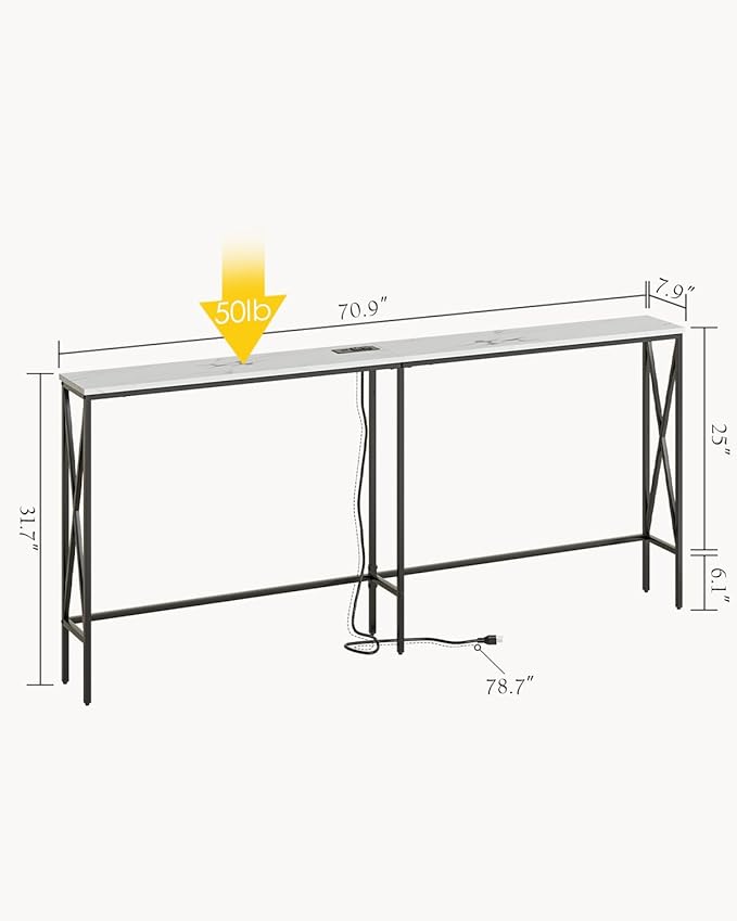 Masupu 70.9" Console Table with Power Outlet, Modern Narrow Long Sofa Table Behind Couch, Skinny Entry Table, Industrial Sofa Table with Metal Frame for Hallway, Living Room, White and Black