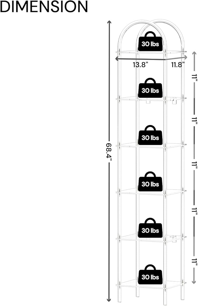 6-Tier Tall Acrylic Arched Bookcase, 13.8''W x 11.8''D x 68.4''H, Clear Narrow Bookshelf for Small Space, Open Book Shelves for Home Office, Living Room, Bedroom, Modern