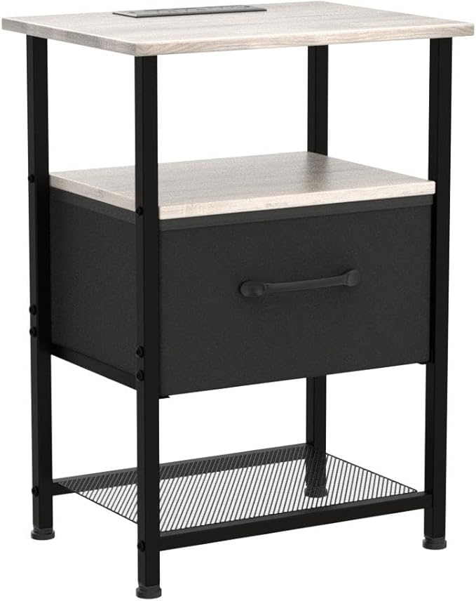 Nightstands Set of 2 with Charging Station and Drawer, End Table Bedside Table with 20 Colors LED Light Strip and 2 Layers Shelf for Bedroom Living Room Sofa (Grey)