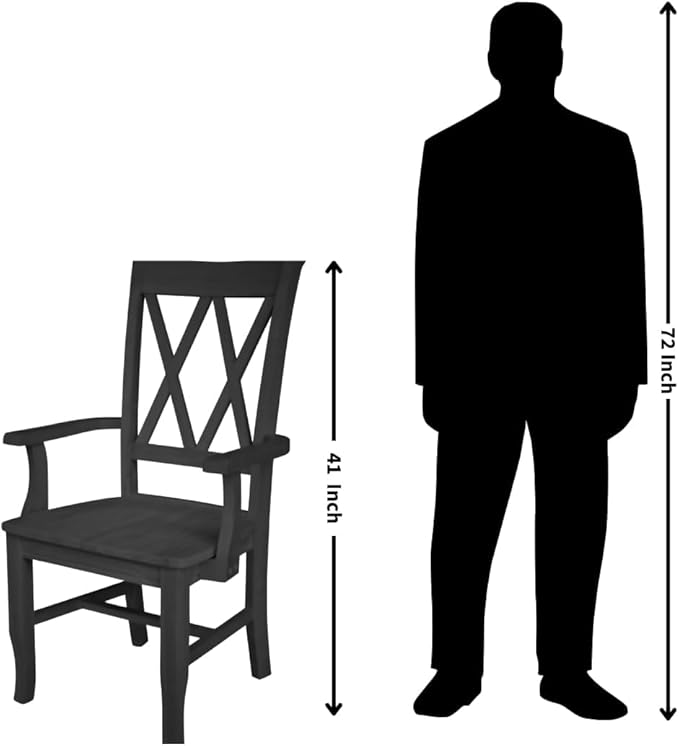 Solid Wood Double X-Back Dining Chair with Arms in Unfinished Parawood, Classic Kitchen/Dining Furniture, Stainable & Paintable, 23.6" W x 22" D x 41.3" H, Wide Arm Width, Traditional & Durable