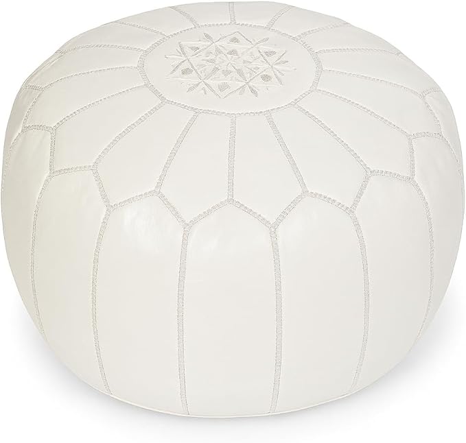 Stuffed Round Design Moroccan Leather Pouf Ottoman, Handmade, Pre-Filled, 100% Genuine Leather, 13” Height x 20” Diameter, Footstool & Living Room Décor (White)