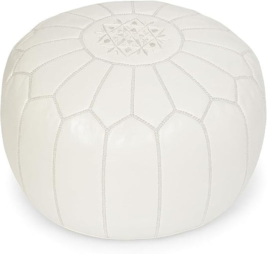 Stuffed Round Design Moroccan Leather Pouf Ottoman, Handmade, Pre-Filled, 100% Genuine Leather, 13” Height x 20” Diameter, Footstool & Living Room Décor (White)