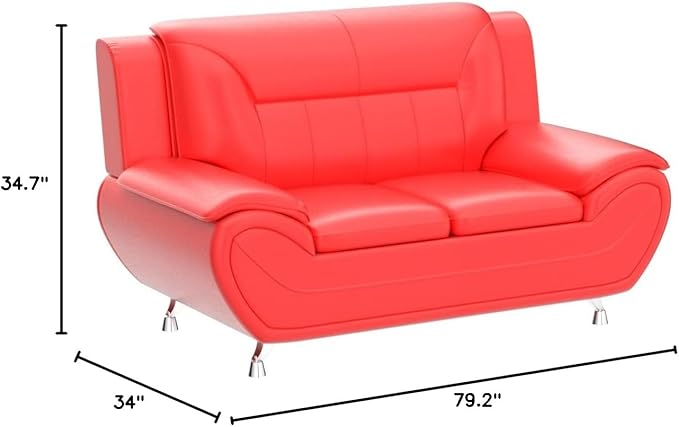 Container Furniture Direct Michael Modern Faux Leather Upholstered Stainless Steel Legs Living Room Loveseat, Red