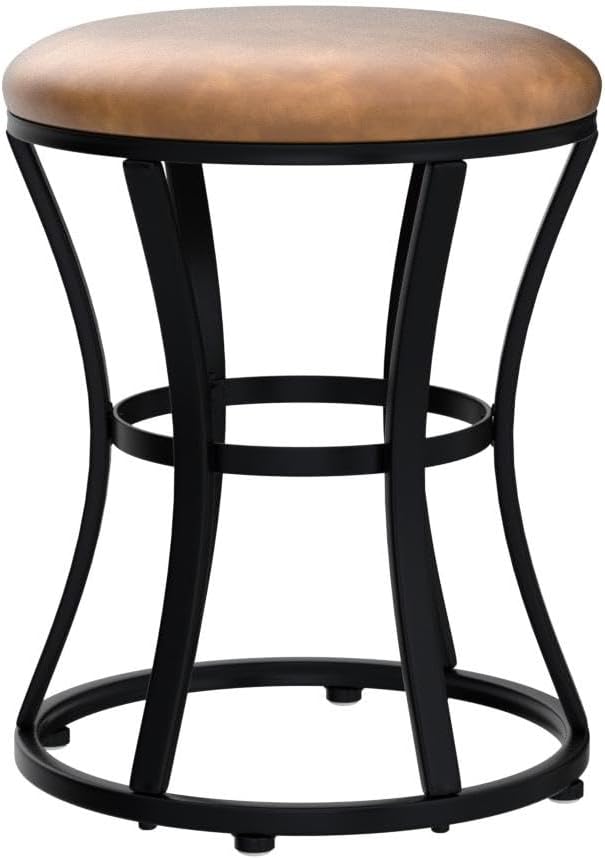 Vanity Stool Chair, Modern Dressing Stool for Makeup Vanity with Black Legs - Backless - Ottomans Round Seat, for Makeup Room, Bedroom, Bathroom, Living Room Accent Furniture Leather Brown