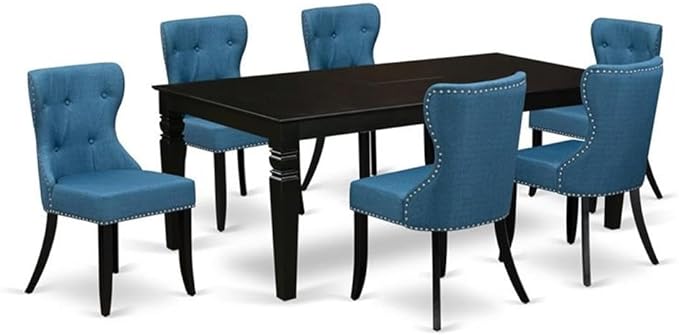 East West Furniture LGSI7-BLK-21 7 Piece Kitchen Table Set Consist of a Rectangle Dining Table with Butterfly Leaf and 6 Blue Linen Fabric Parson Dining Chairs, 42x84 Inch, Black