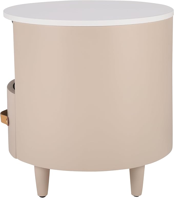 Merax Round Nightstand with Storage Drawer, MDF Contemporary Modern Bedside Table with Open Storage Shelf, Curved Design Sofa End Table for Bedroom & Living Room, Easy Assembly, Khaki