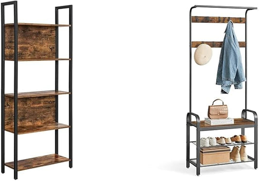 VASAGLE 5-Tier Industrial Bookshelf and 4-in-1 Entryway Coat Rack with Shoe Bench