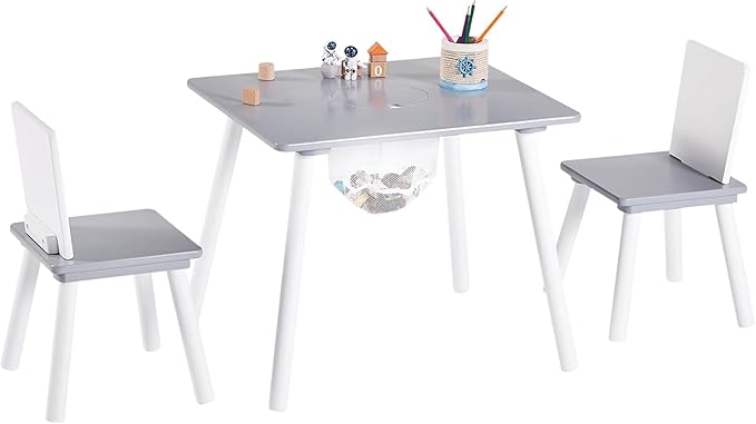 VECELO Activity Table and 2 Chair Set with Hidden Mesh Storage, Durable Playroom Furniture, Modern Design, Easy Assembly, Grey & White
